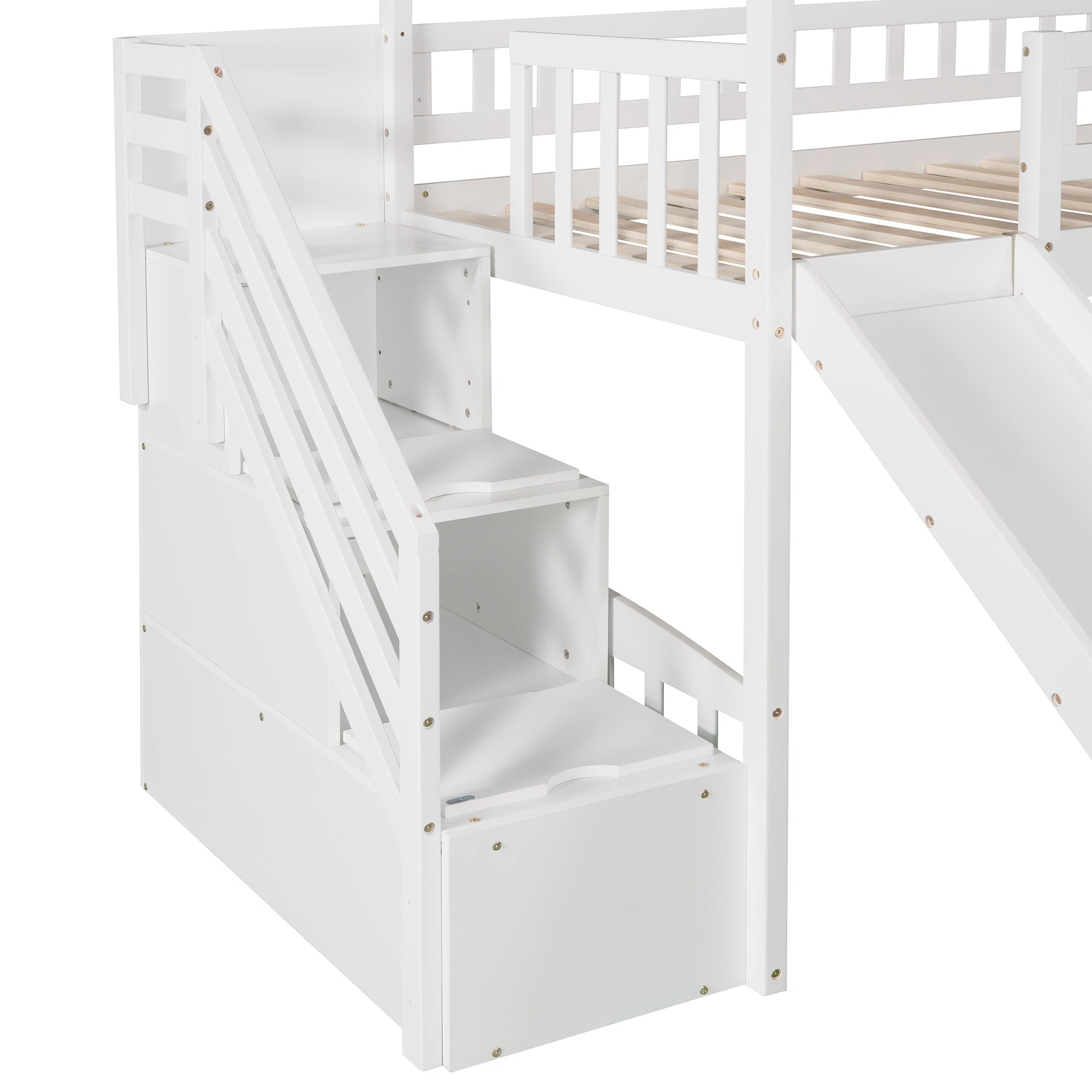 Bellemave® Twin Kids Wooden Loft Bed with Storage Stairs & Slide & 2 Drawers, White - Bellemave