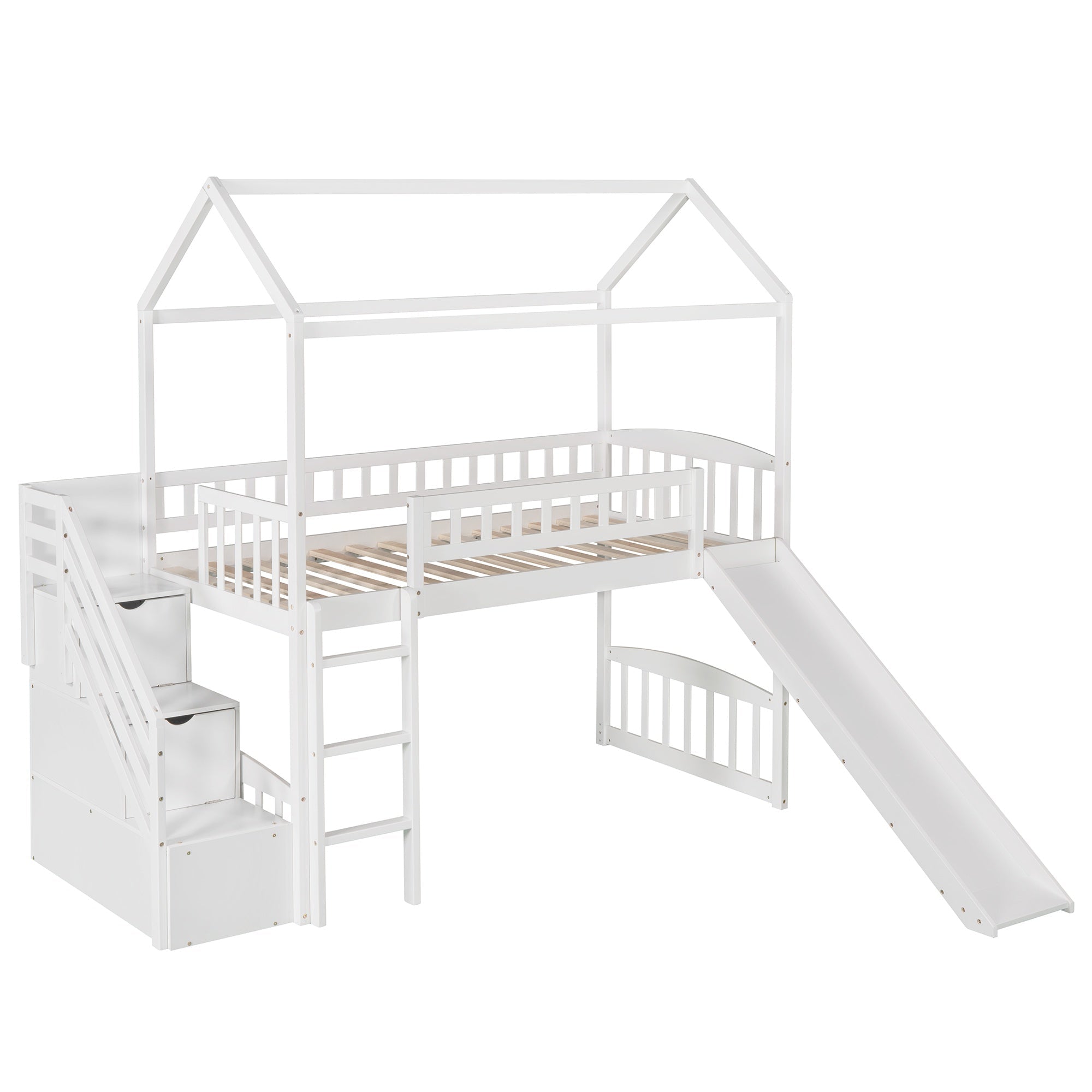 Bellemave® Twin Kids Wooden Loft Bed with Storage Stairs & Slide & 2 Drawers, White - Bellemave