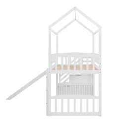 Bellemave® Twin Kids Wooden Loft Bed with Storage Stairs & Slide & 2 Drawers, White - Bellemave