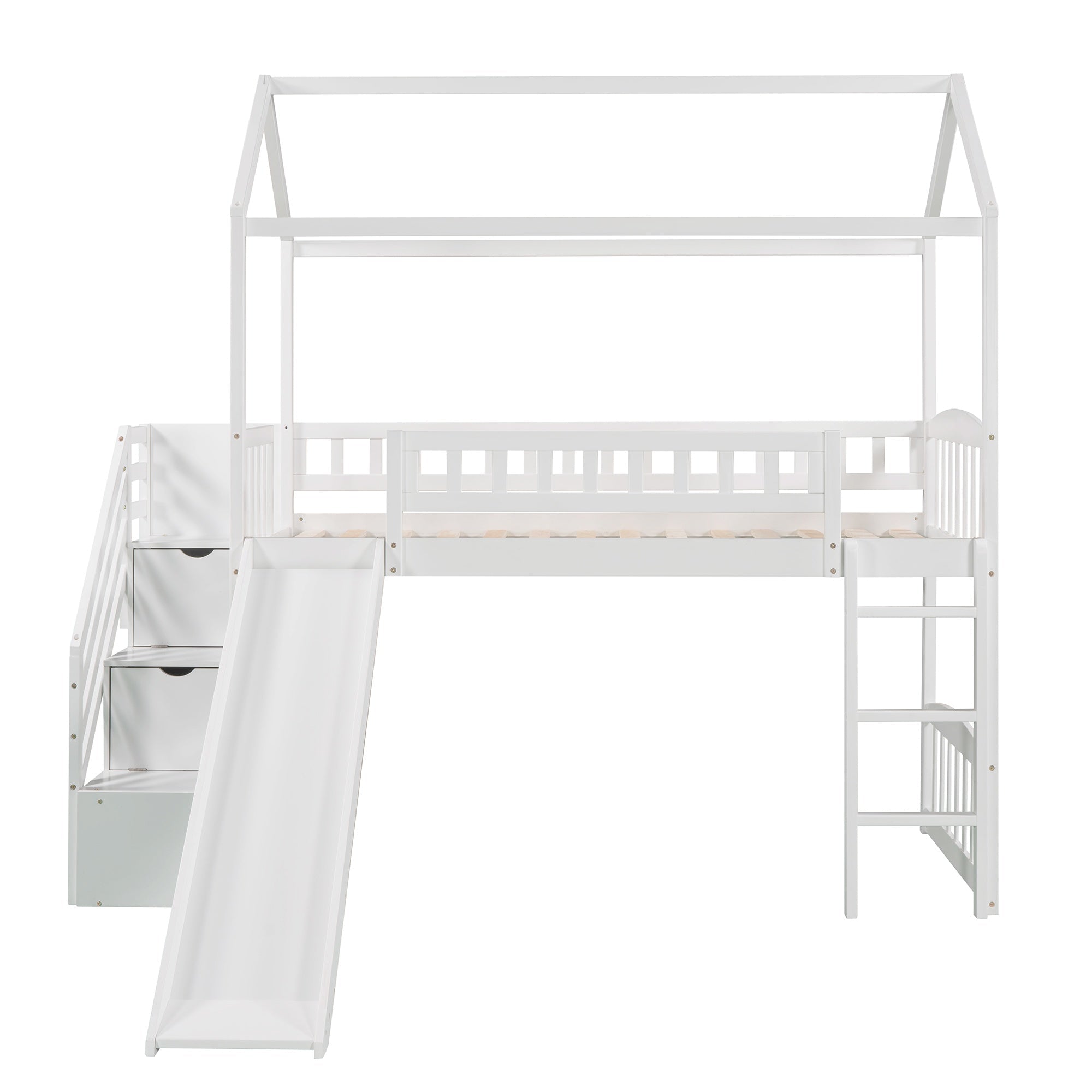 Bellemave® Twin Kids Wooden Loft Bed with Storage Stairs & Slide & 2 Drawers, White - Bellemave