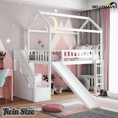 Bellemave® Twin Kids Wooden Loft Bed with Storage Stairs & Slide & 2 Drawers, White - Bellemave
