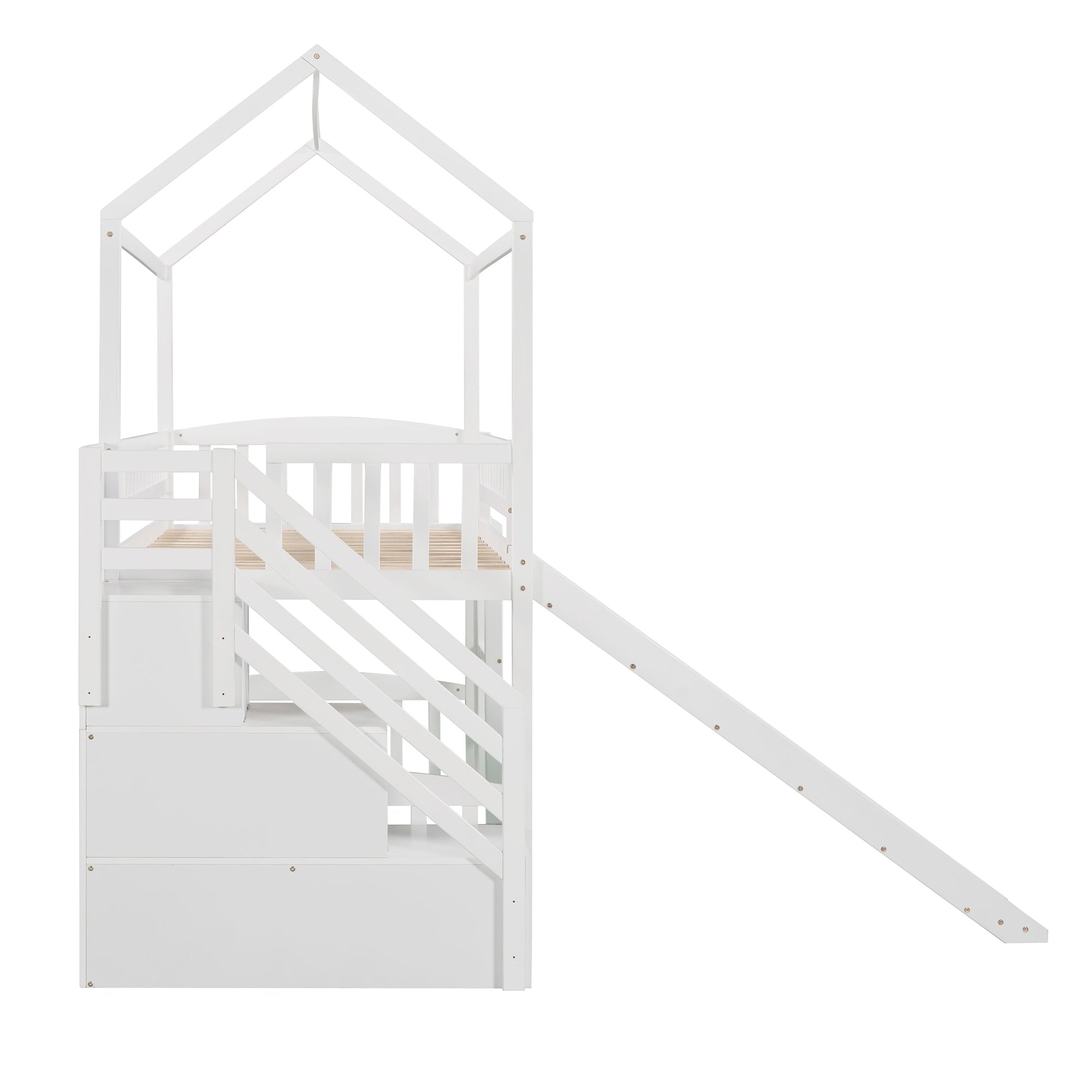 Bellemave® Twin Kids Wooden Loft Bed with Storage Stairs & Slide & 2 Drawers, White - Bellemave