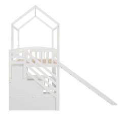Bellemave® Twin Kids Wooden Loft Bed with Storage Stairs & Slide & 2 Drawers, White - Bellemave