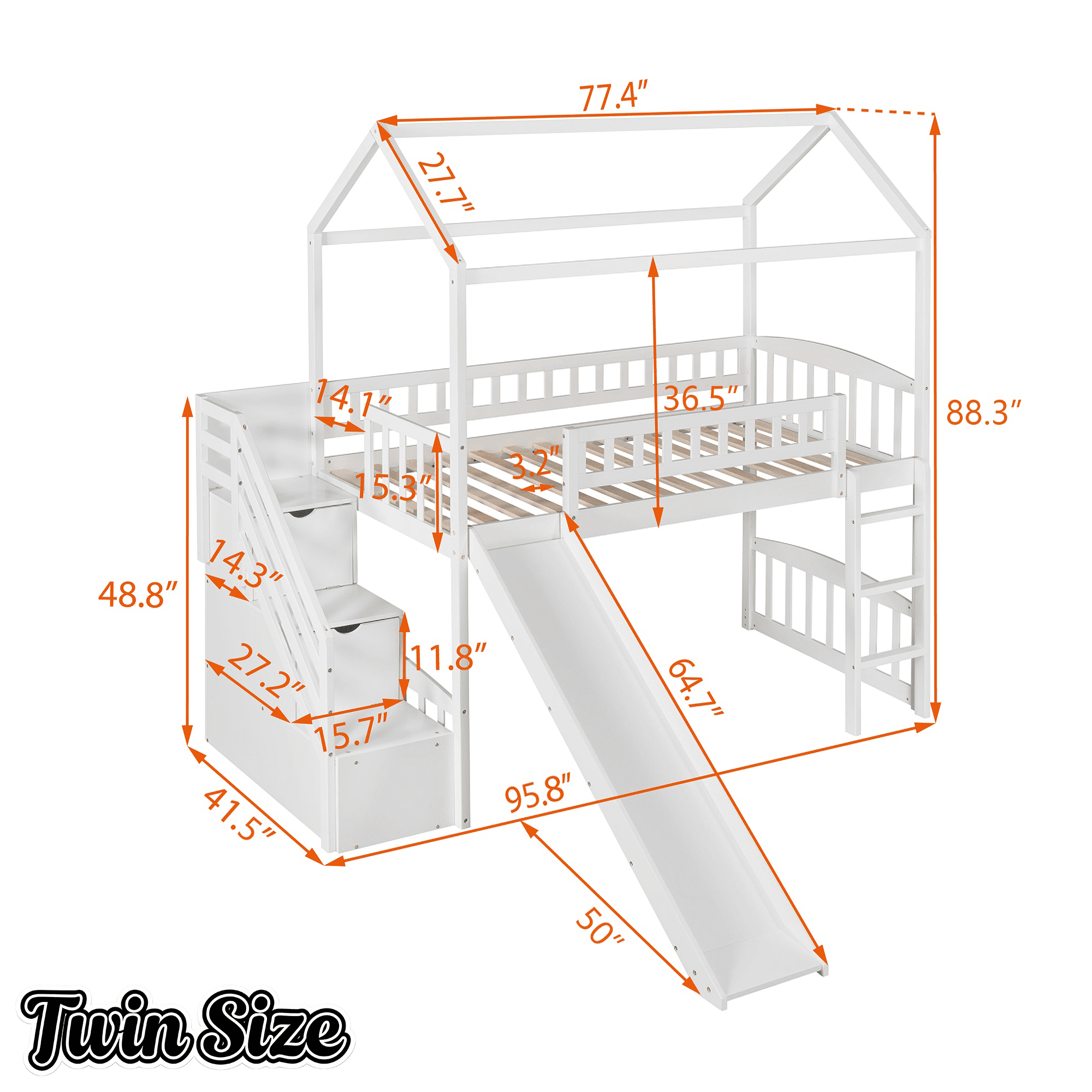 Bellemave® Twin Kids Wooden Loft Bed with Storage Stairs & Slide & 2 Drawers, White - Bellemave