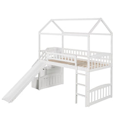 Bellemave® Twin Kids Wooden Loft Bed with Storage Stairs & Slide & 2 Drawers, White - Bellemave