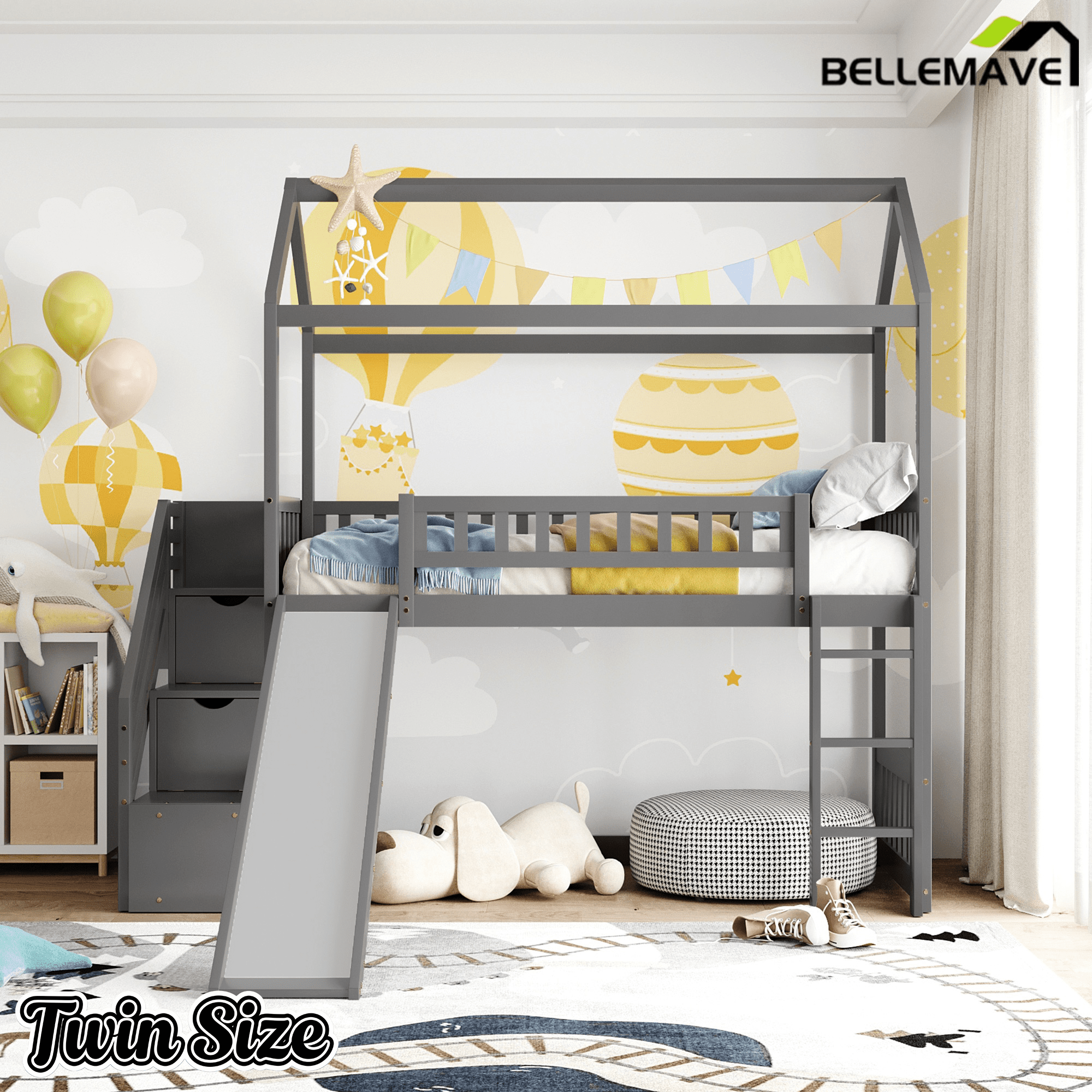 Bellemave® Twin Kids Wooden Loft Bed with Storage Stairs & Slide & 2 Drawers, White - Bellemave