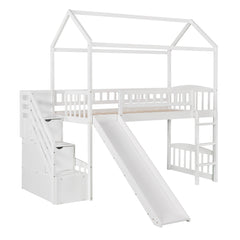 Bellemave® Twin Kids Wooden Loft Bed with Storage Stairs & Slide & 2 Drawers, White - Bellemave