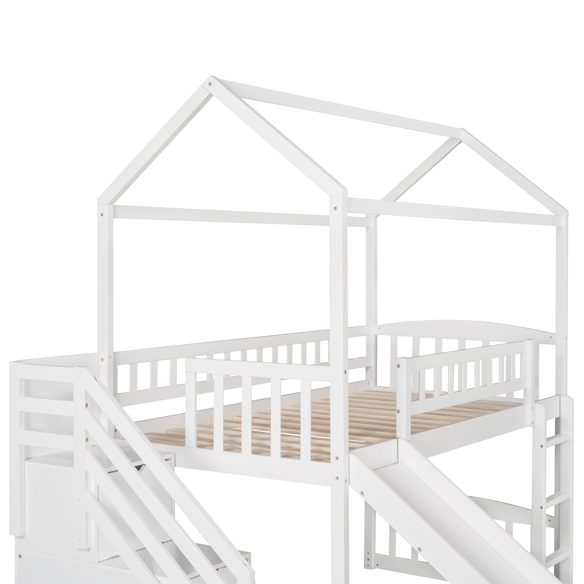 Bellemave® Twin Kids Wooden Loft Bed with Storage Stairs & Slide & 2 Drawers, White - Bellemave