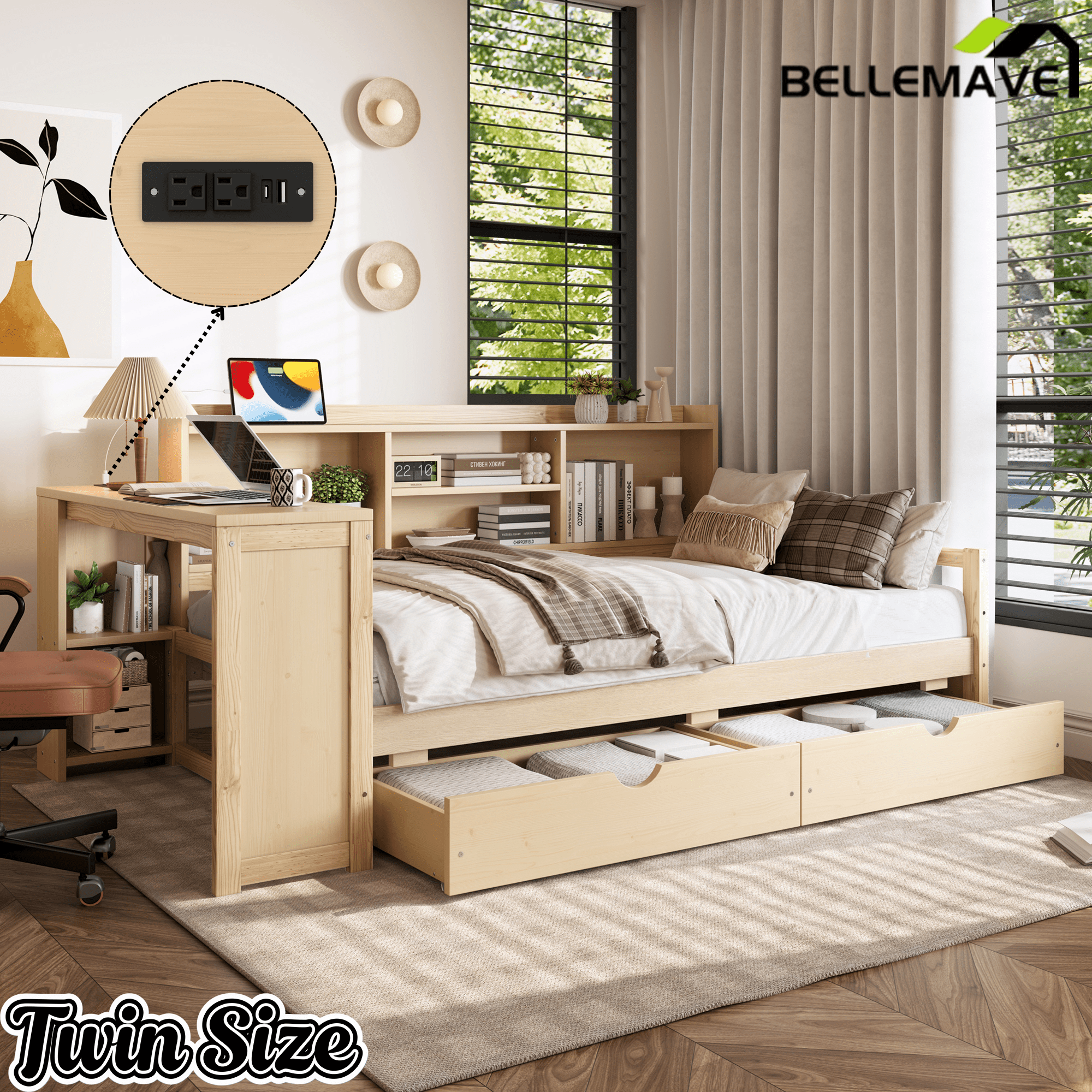 Bellemave® Twin L - Shaped Daybed with Desk, Drawers & Charging Station, Wood Bed Frame – Natural - Bellemave