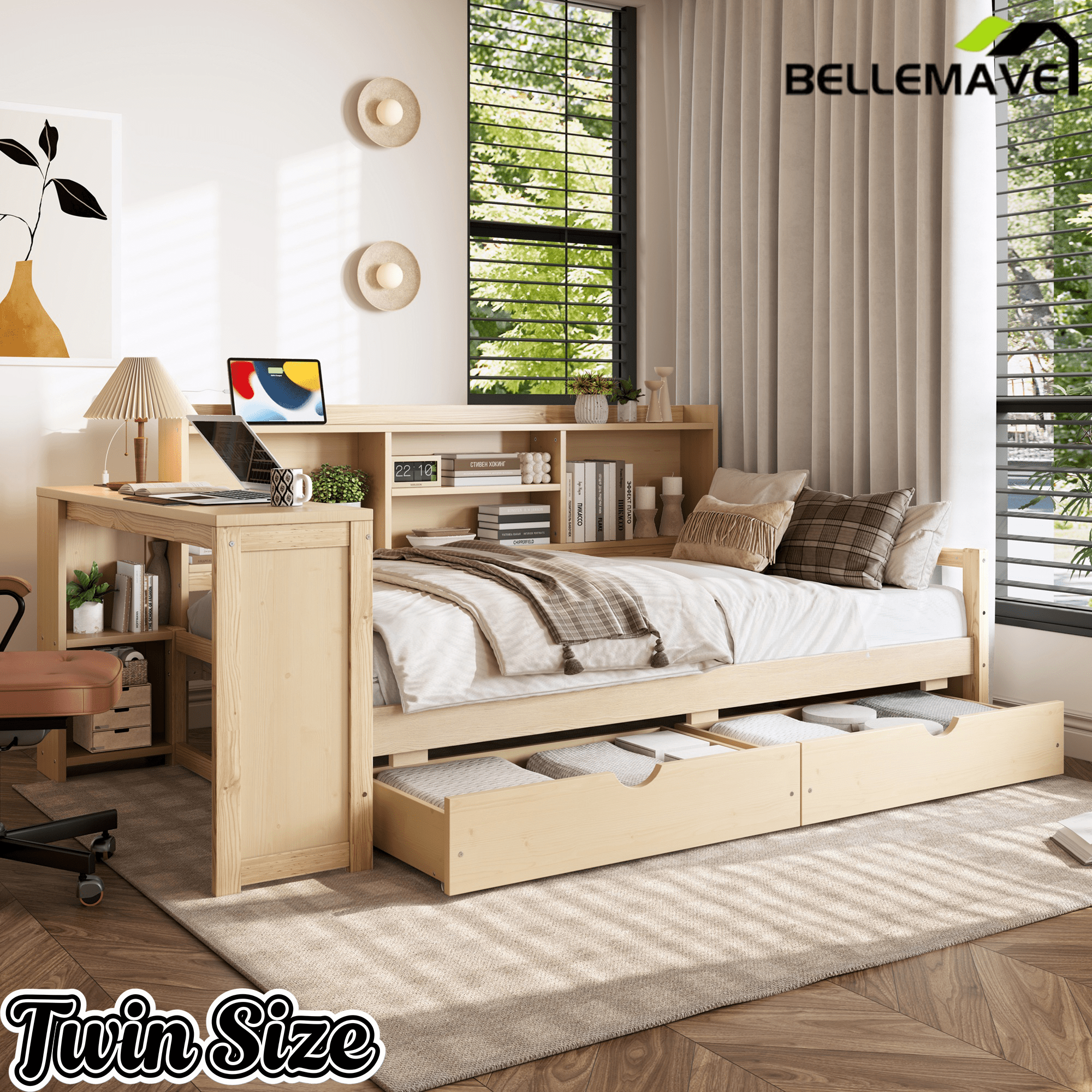 Bellemave® Twin L - Shaped Daybed with Desk, Drawers & Charging Station, Wood Bed Frame – Natural - Bellemave