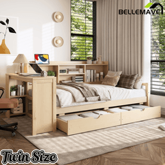 Bellemave® Twin L - Shaped Daybed with Desk, Drawers & Charging Station, Wood Bed Frame – Natural - Bellemave