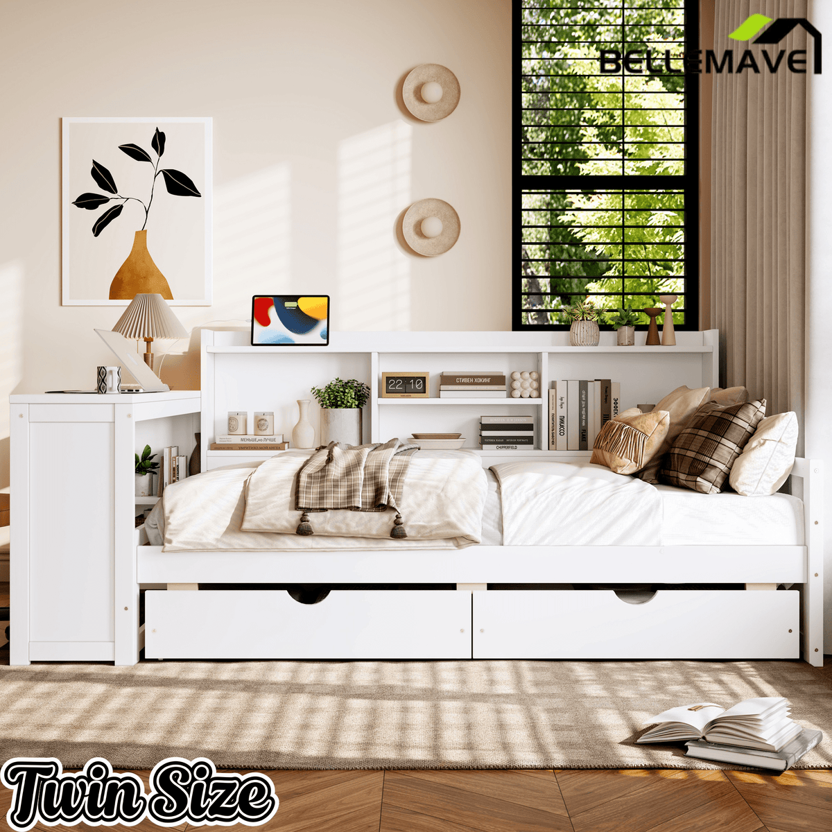 Bellemave® Twin L - Shaped Daybed with Desk, Drawers & Charging Station, Wood Bed Frame – Natural - Bellemave