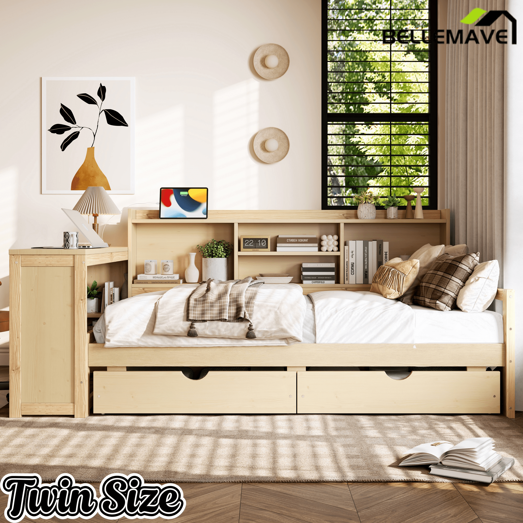 Bellemave® Twin L - Shaped Daybed with Desk, Drawers & Charging Station, Wood Bed Frame – Natural - Bellemave
