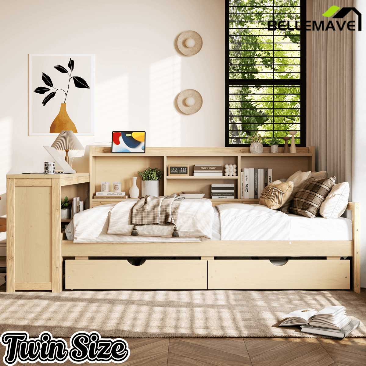 Bellemave® Twin L - Shaped Daybed with Desk, Drawers & Charging Station, Wood Bed Frame – Natural - Bellemave