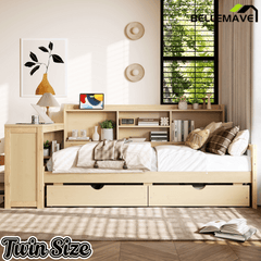 Bellemave® Twin L - Shaped Daybed with Desk, Drawers & Charging Station, Wood Bed Frame – Natural - Bellemave