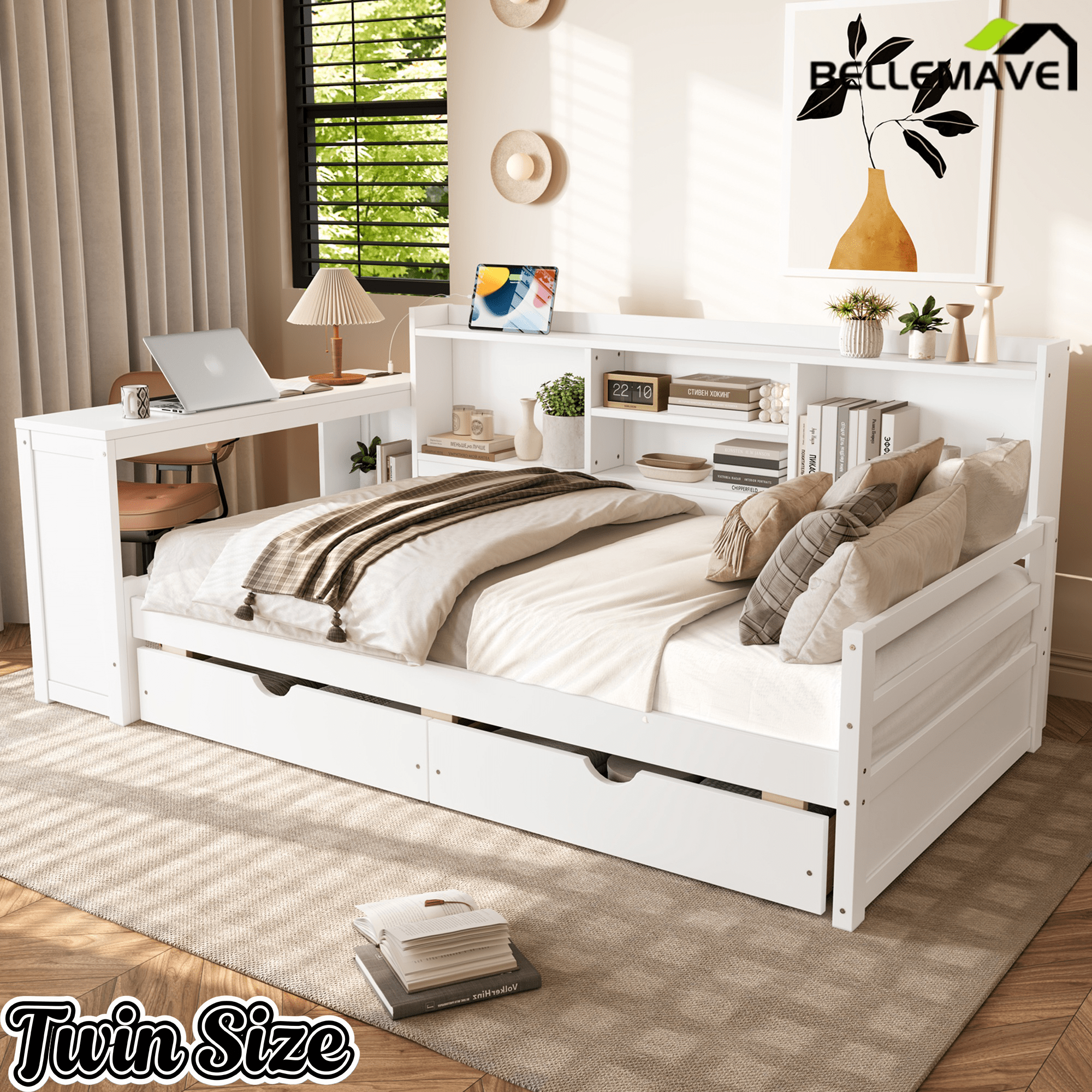 Bellemave® Twin L - Shaped Daybed with Desk, Drawers & Charging Station, Wood Bed Frame – Natural - Bellemave
