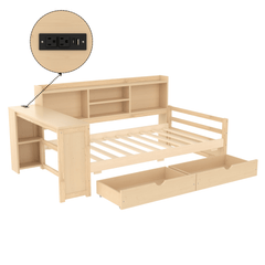 Bellemave® Twin L - Shaped Daybed with Desk, Drawers & Charging Station, Wood Bed Frame – Natural - Bellemave