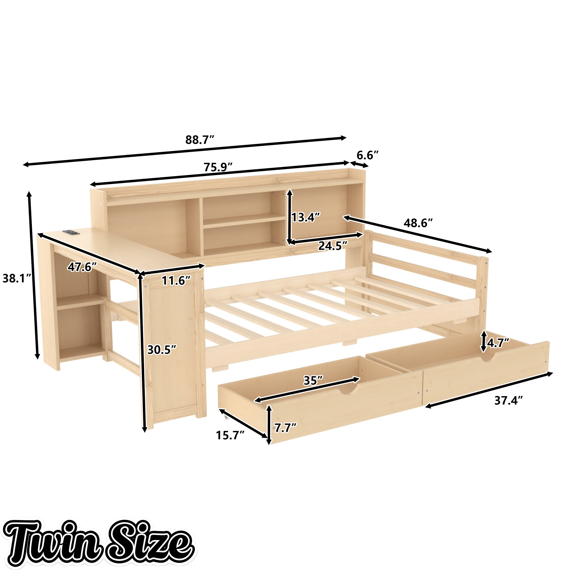 Bellemave® Twin L - Shaped Daybed with Desk, Drawers & Charging Station, Wood Bed Frame – Natural - Bellemave