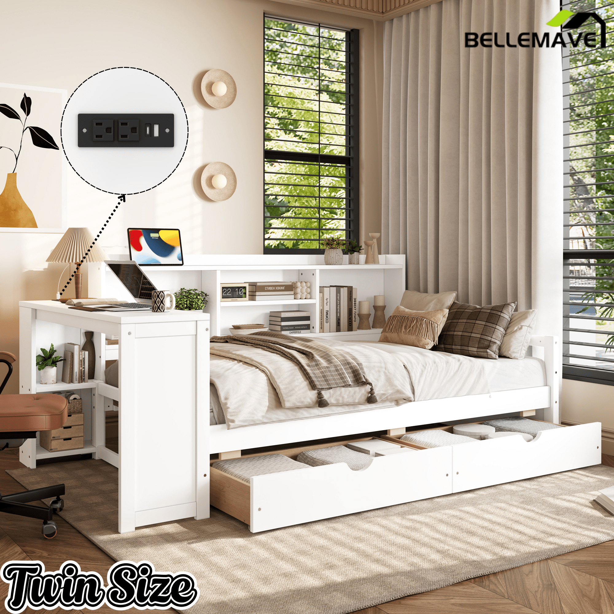 Bellemave® Twin L - Shaped Daybed with Desk, Drawers & Charging Station, Wood Bed Frame – Natural - Bellemave