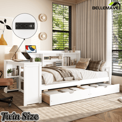 Bellemave® Twin L - Shaped Daybed with Desk, Drawers & Charging Station, Wood Bed Frame – Natural - Bellemave
