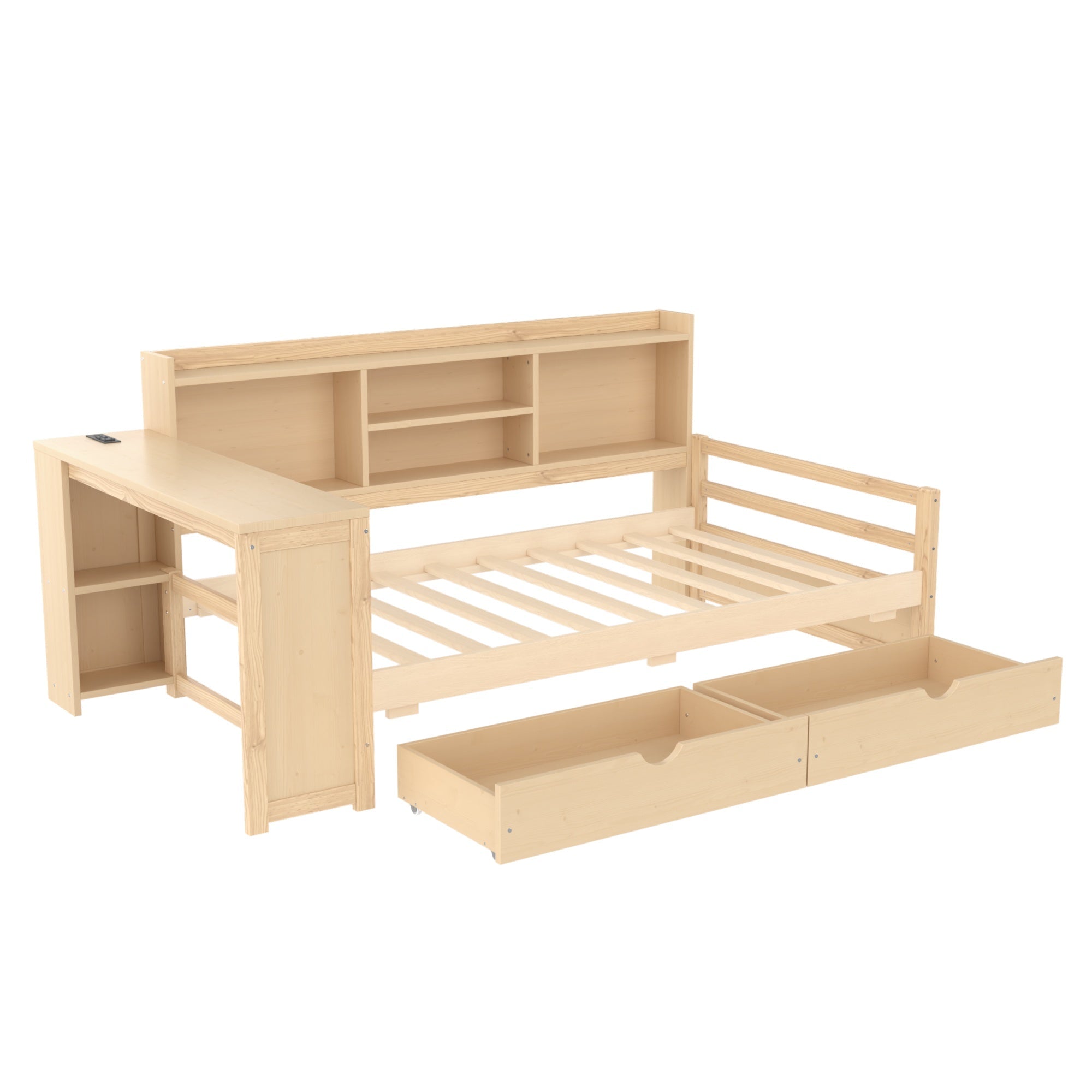 Bellemave® Twin L - Shaped Daybed with Desk, Drawers & Charging Station, Wood Bed Frame – Natural - Bellemave
