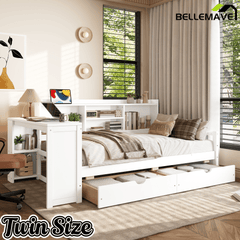Bellemave® Twin L - Shaped Daybed with Desk, Drawers & Charging Station, Wood Bed Frame – Natural - Bellemave
