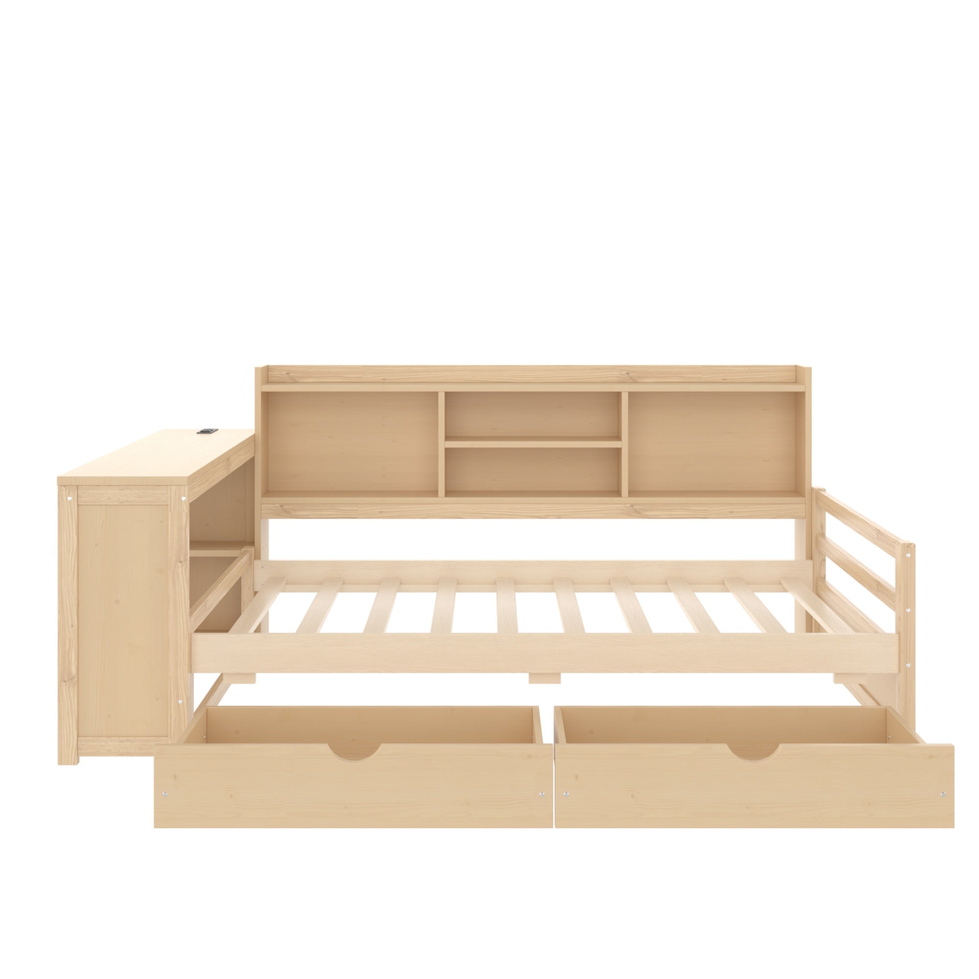 Bellemave® Twin L - Shaped Daybed with Desk, Drawers & Charging Station, Wood Bed Frame – Natural - Bellemave