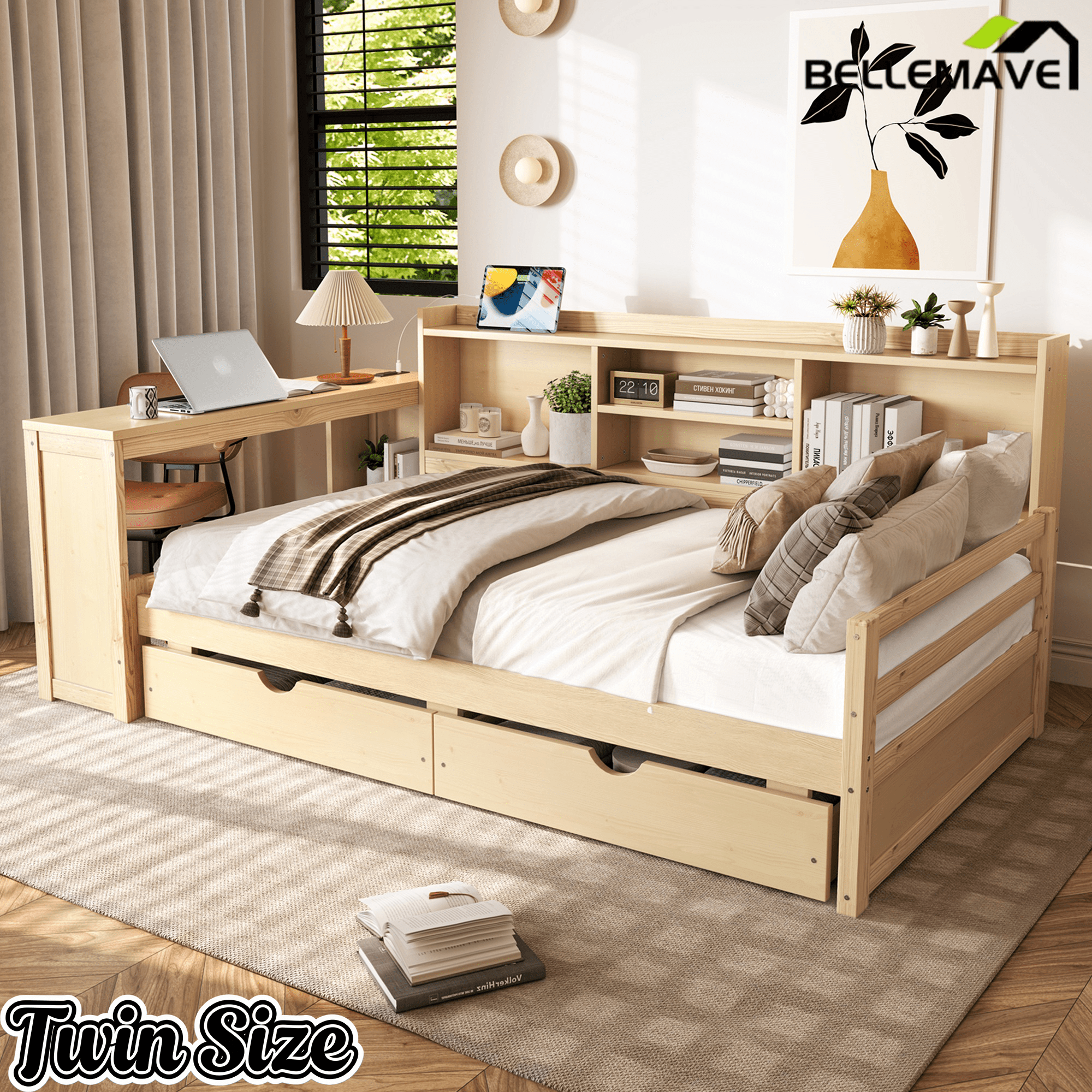 Bellemave® Twin L - Shaped Daybed with Desk, Drawers & Charging Station, Wood Bed Frame – Natural - Bellemave