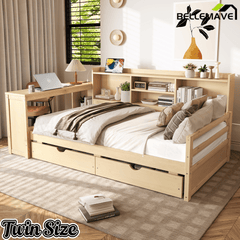 Bellemave® Twin L - Shaped Daybed with Desk, Drawers & Charging Station, Wood Bed Frame – Natural - Bellemave