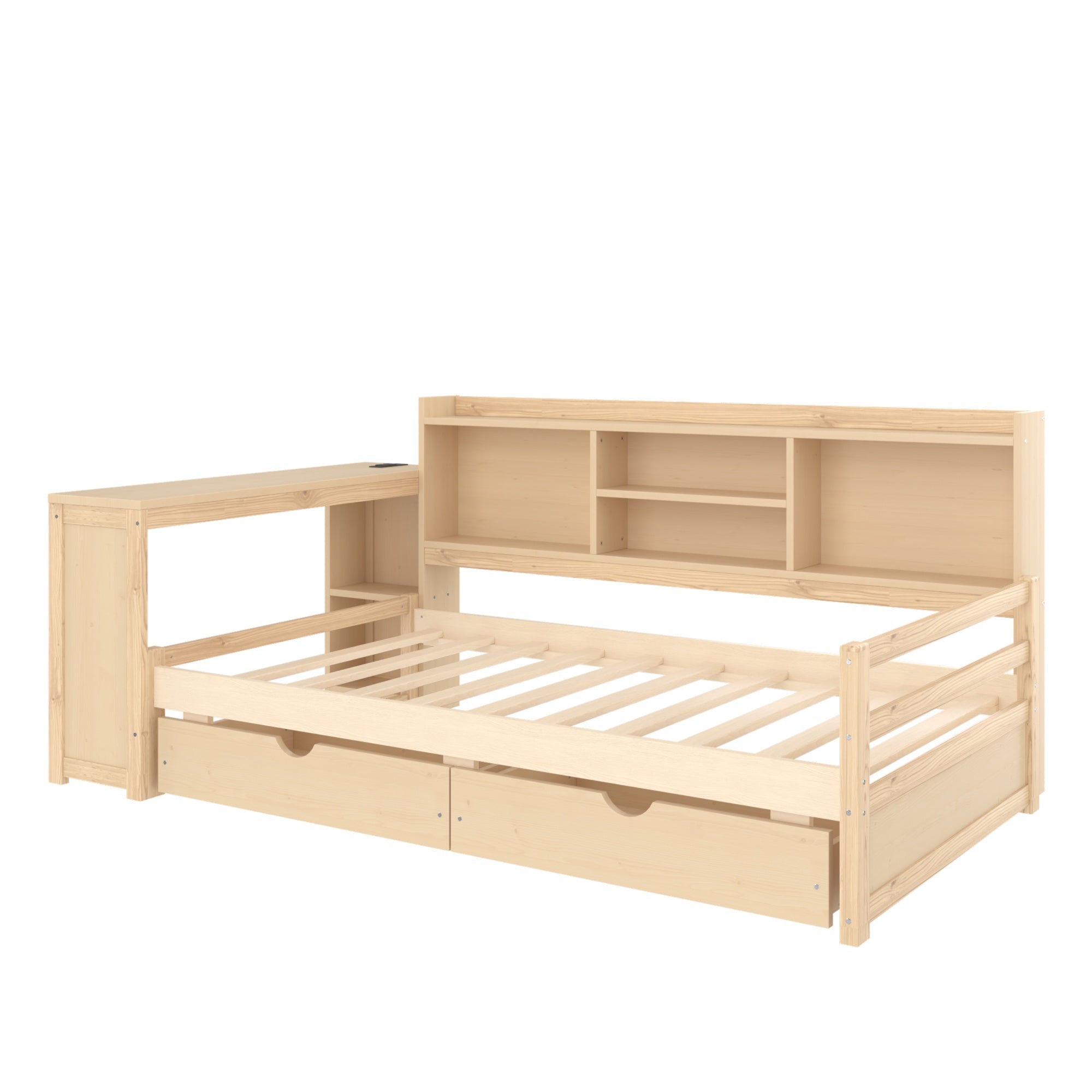 Bellemave® Twin L - Shaped Daybed with Desk, Drawers & Charging Station, Wood Bed Frame – Natural - Bellemave