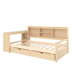 Bellemave® Twin L - Shaped Daybed with Desk, Drawers & Charging Station, Wood Bed Frame – Natural - Bellemave