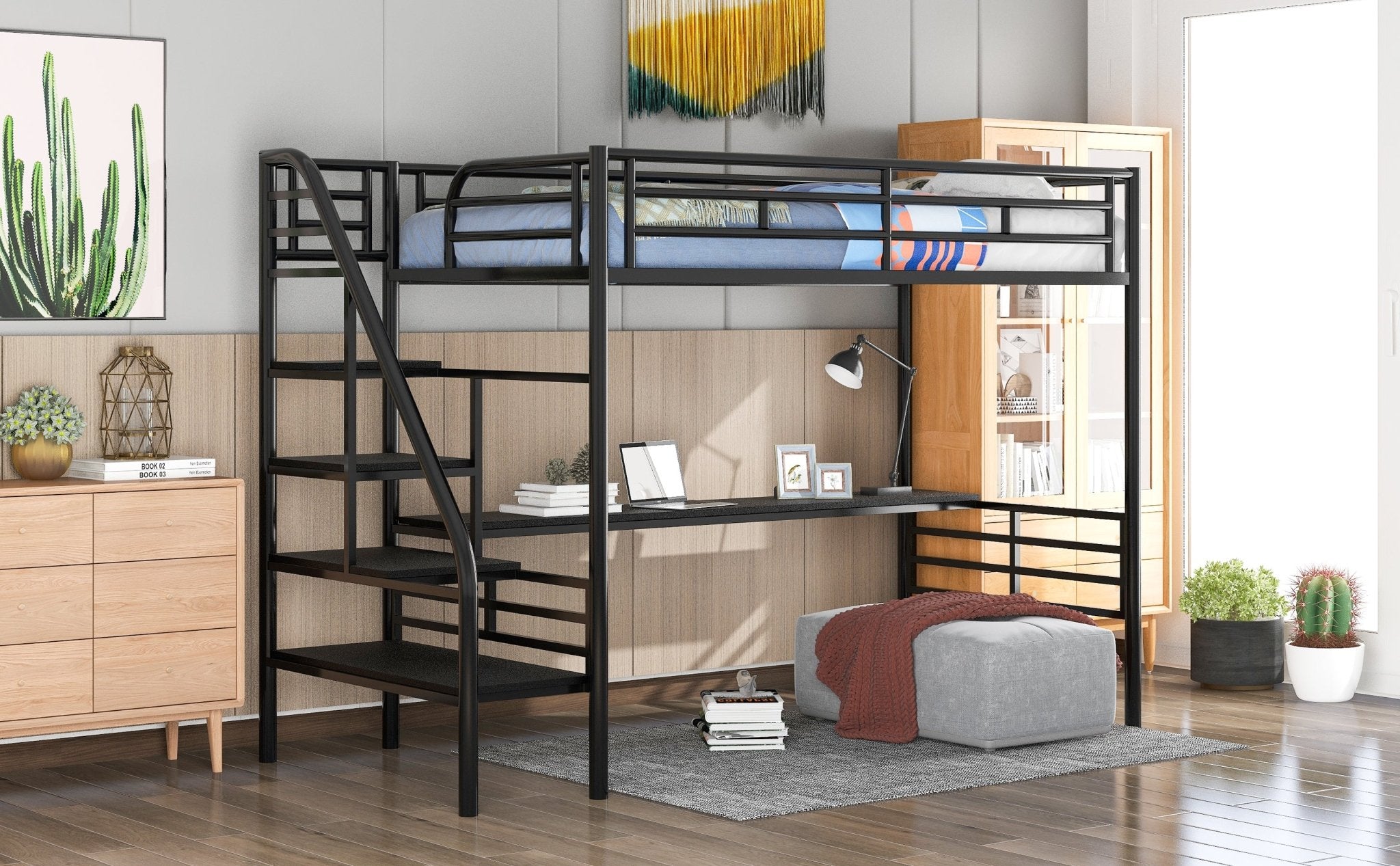 Bellemave® Twin loft bed Frame with Desk, No Box Spring Needed,Metal,Black - Bellemave