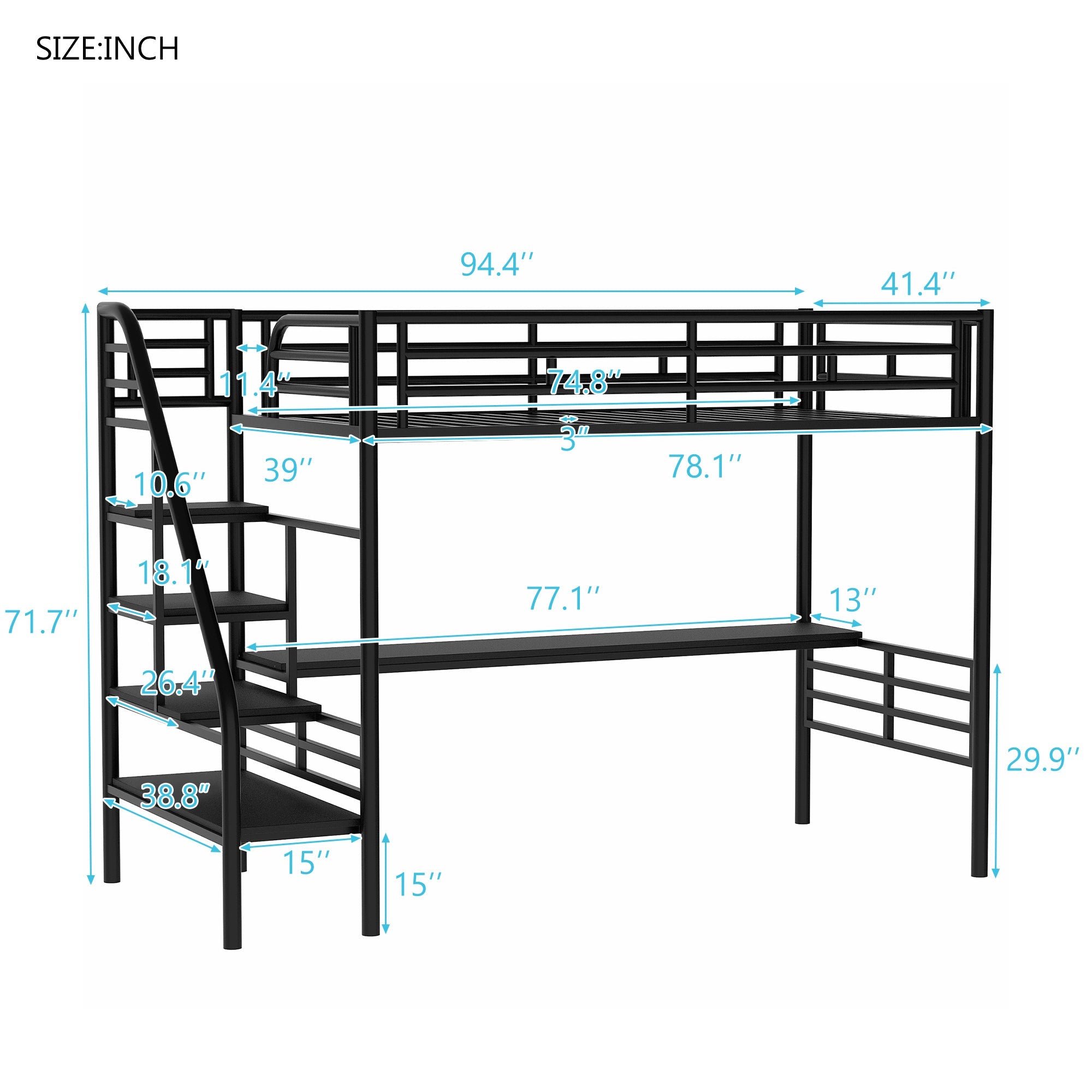 Bellemave® Twin loft bed Frame with Desk, No Box Spring Needed,Metal,Black - Bellemave