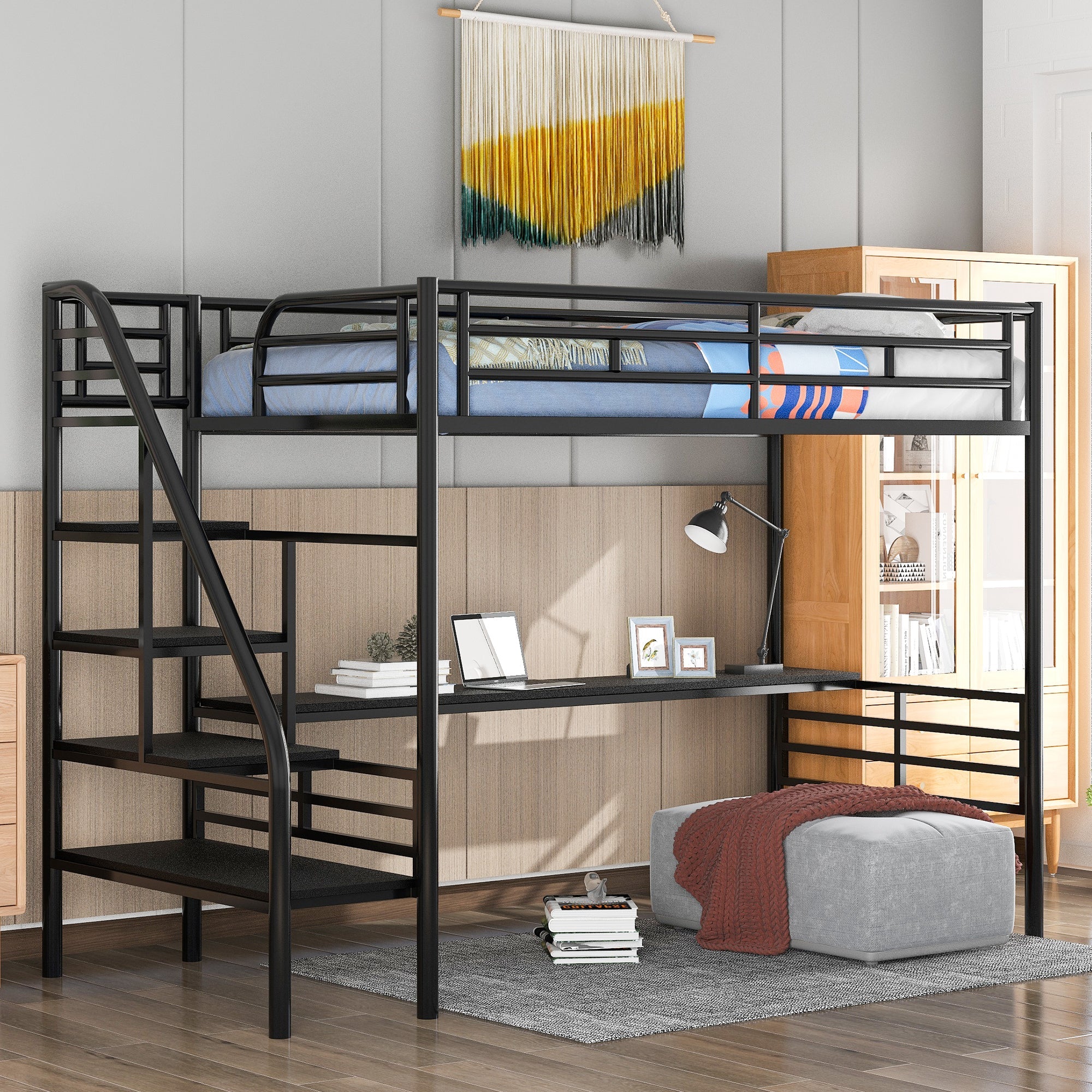 Bellemave® Twin loft bed Frame with Desk, No Box Spring Needed,Metal,Black - Bellemave