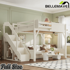 Bellemave® Twin Loft Bed with Storage Stairs and Built - in Wardrobe and Bedside Shelves, Wood Loft Bed for Kids, Teens, Adults, Gray - Bellemave