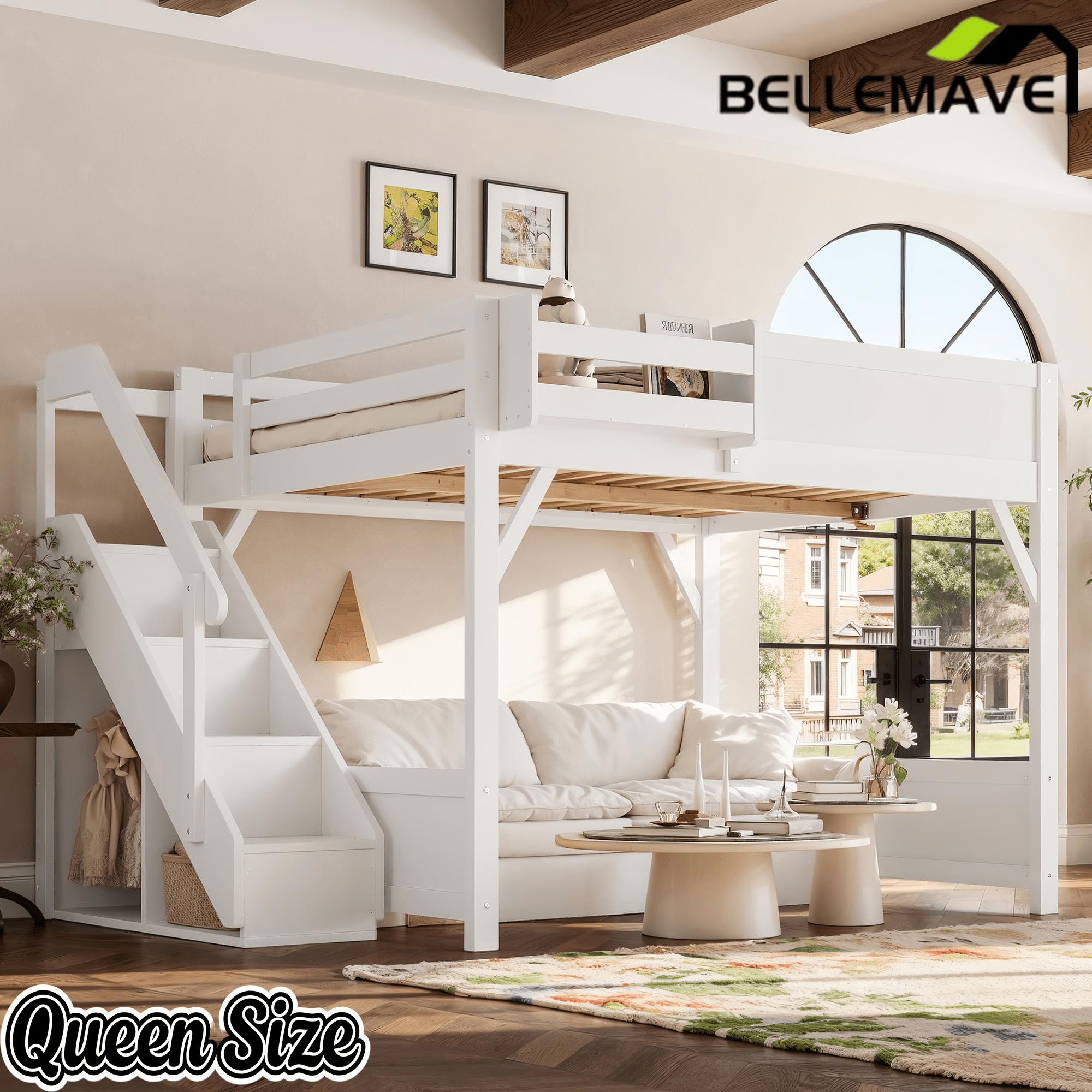 Bellemave® Twin Loft Bed with Storage Stairs and Built - in Wardrobe and Bedside Shelves, Wood Loft Bed for Kids, Teens, Adults, Gray - Bellemave