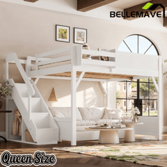 Bellemave® Twin Loft Bed with Storage Stairs and Built - in Wardrobe and Bedside Shelves, Wood Loft Bed for Kids, Teens, Adults, Gray - Bellemave