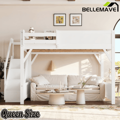 Bellemave® Twin Loft Bed with Storage Stairs and Built - in Wardrobe and Bedside Shelves, Wood Loft Bed for Kids, Teens, Adults, Gray - Bellemave