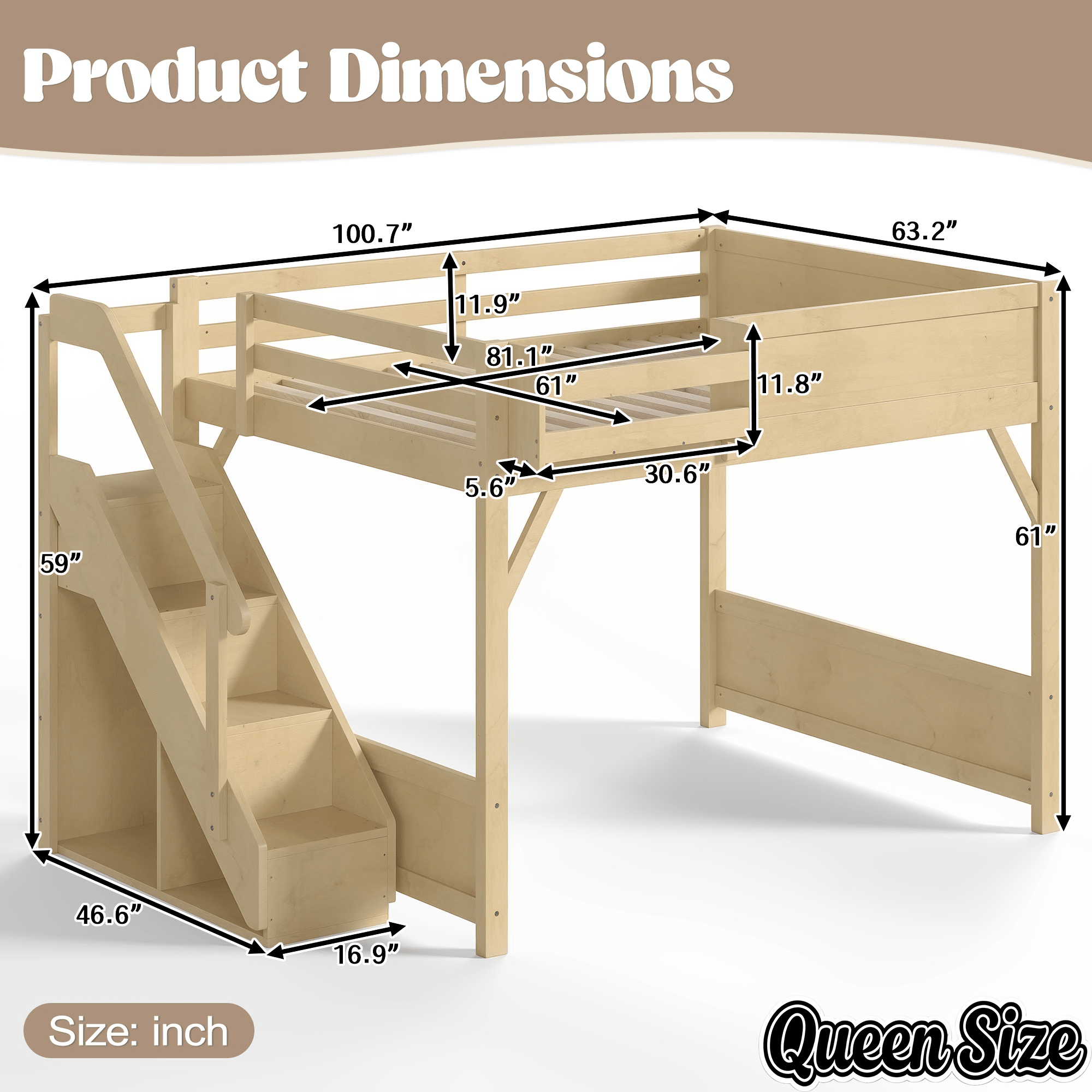 Bellemave® Twin Loft Bed with Storage Stairs and Built - in Wardrobe and Bedside Shelves, Wood Loft Bed for Kids, Teens, Adults, Gray - Bellemave