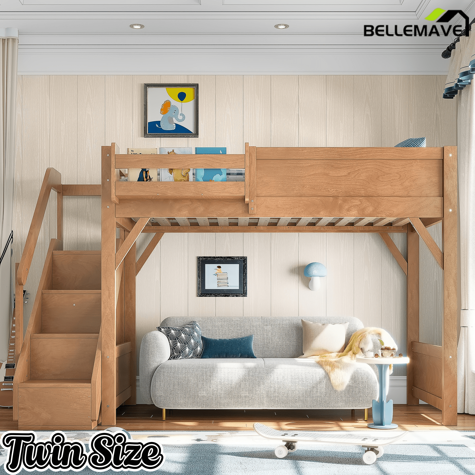 Bellemave® Twin Loft Bed with Storage Stairs and Built - in Wardrobe and Bedside Shelves, Wood Loft Bed for Kids, Teens, Adults, Gray - Bellemave