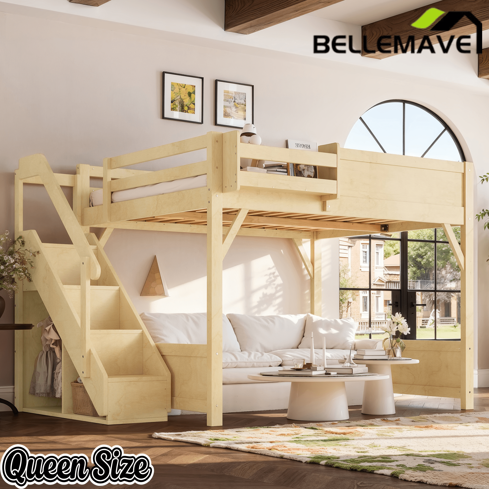Bellemave® Twin Loft Bed with Storage Stairs and Built - in Wardrobe and Bedside Shelves, Wood Loft Bed for Kids, Teens, Adults, Gray - Bellemave