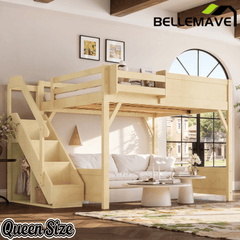Bellemave® Twin Loft Bed with Storage Stairs and Built - in Wardrobe and Bedside Shelves, Wood Loft Bed for Kids, Teens, Adults, Gray - Bellemave