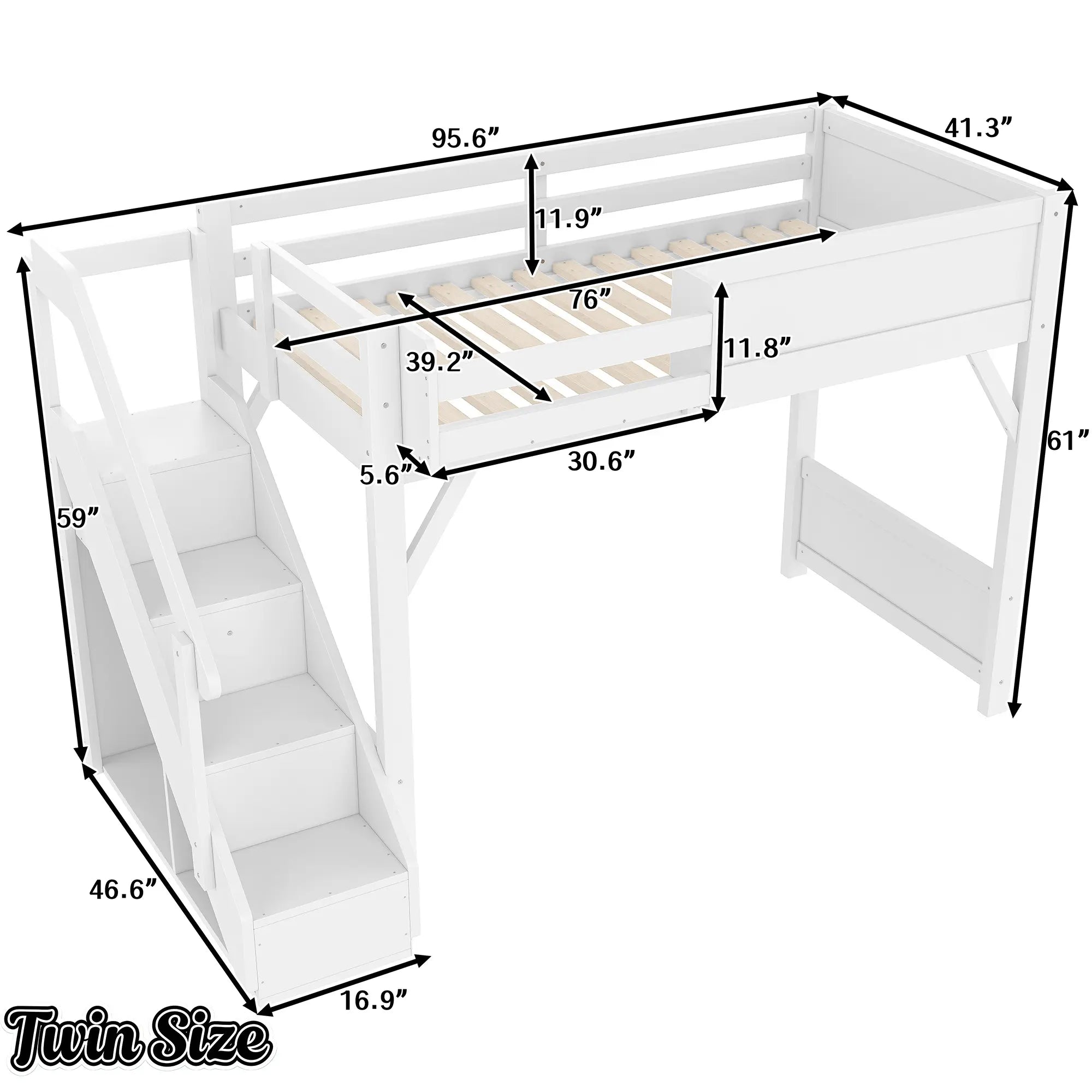 Bellemave® Twin Loft Bed with Storage Stairs and Built - in Wardrobe and Bedside Shelves, Wood Loft Bed for Kids, Teens, Adults, Gray - Bellemave