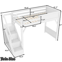 Bellemave® Twin Loft Bed with Storage Stairs and Built - in Wardrobe and Bedside Shelves, Wood Loft Bed for Kids, Teens, Adults, Gray - Bellemave