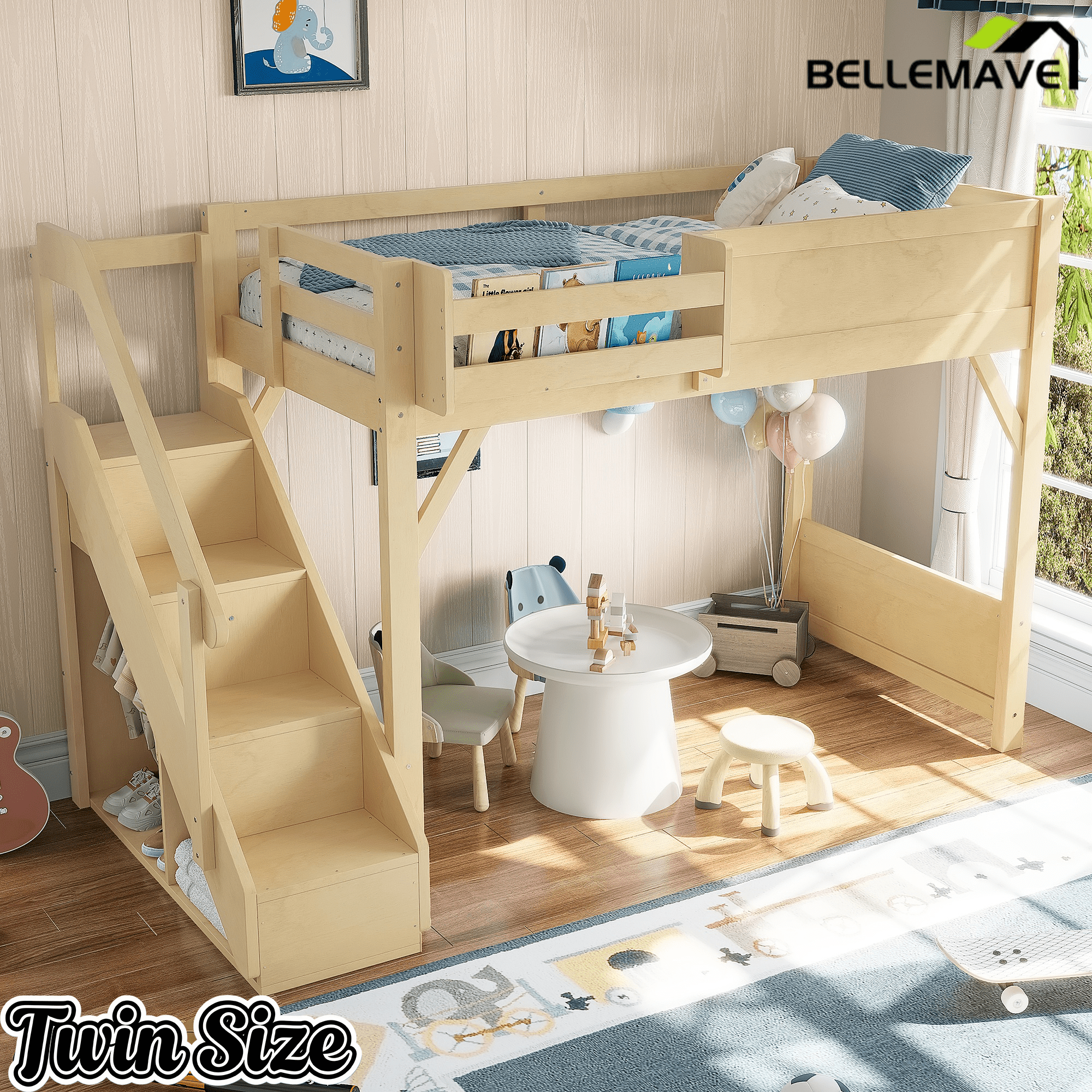 Bellemave® Twin Loft Bed with Storage Stairs and Built - in Wardrobe and Bedside Shelves, Wood Loft Bed for Kids, Teens, Adults, Gray - Bellemave