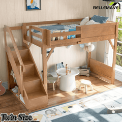 Bellemave® Twin Loft Bed with Storage Stairs and Built - in Wardrobe and Bedside Shelves, Wood Loft Bed for Kids, Teens, Adults, Gray - Bellemave