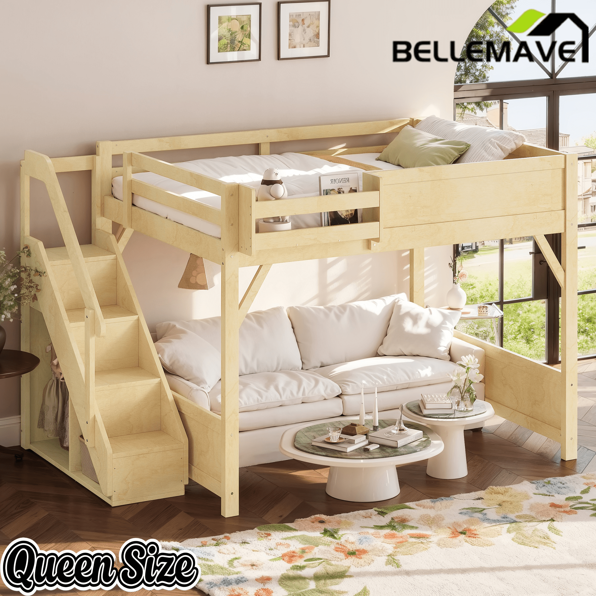 Bellemave® Twin Loft Bed with Storage Stairs and Built - in Wardrobe and Bedside Shelves, Wood Loft Bed for Kids, Teens, Adults, Gray - Bellemave