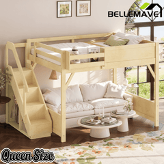 Bellemave® Twin Loft Bed with Storage Stairs and Built - in Wardrobe and Bedside Shelves, Wood Loft Bed for Kids, Teens, Adults, Gray - Bellemave