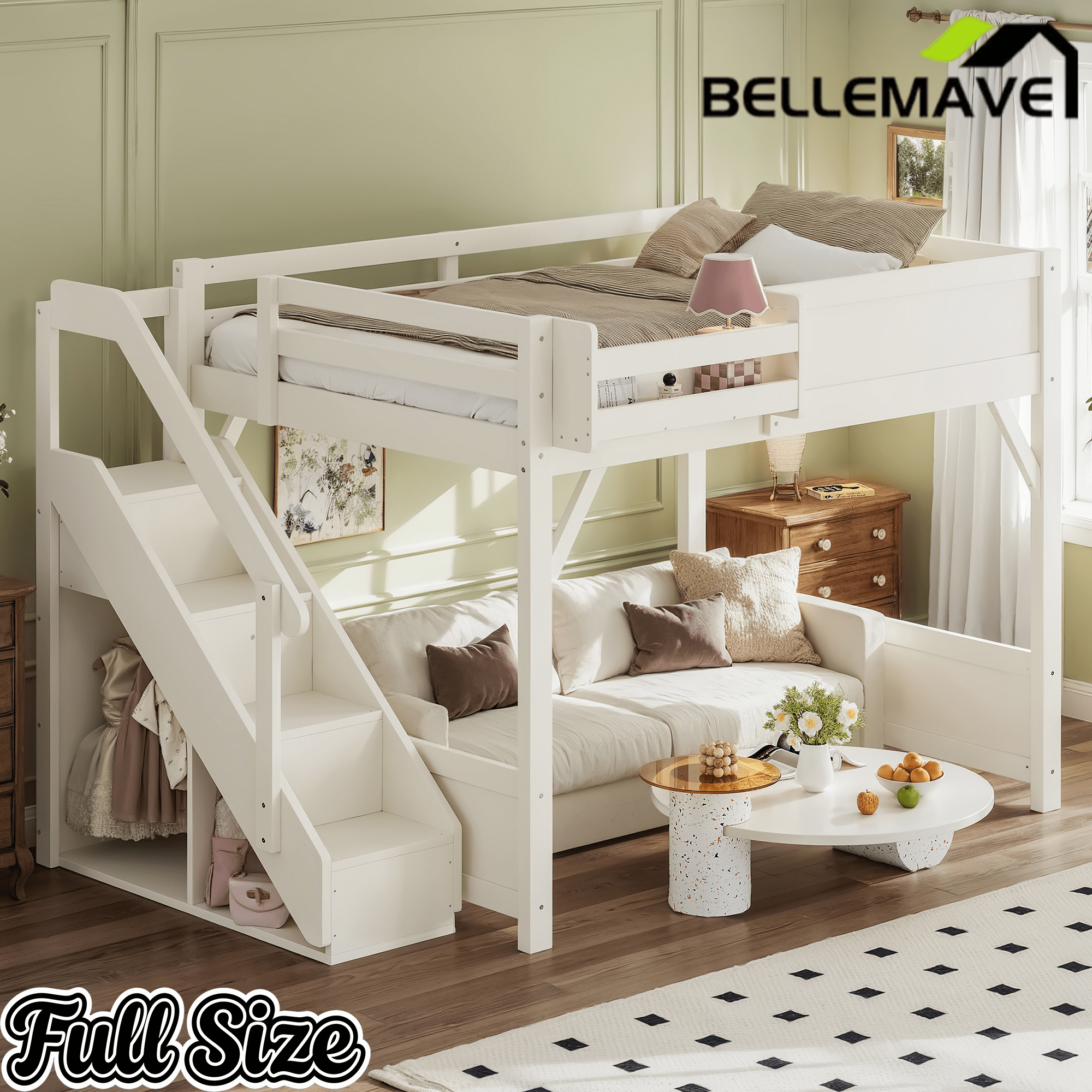 Bellemave® Twin Loft Bed with Storage Stairs and Built - in Wardrobe and Bedside Shelves, Wood Loft Bed for Kids, Teens, Adults, Gray - Bellemave