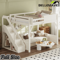 Bellemave® Twin Loft Bed with Storage Stairs and Built - in Wardrobe and Bedside Shelves, Wood Loft Bed for Kids, Teens, Adults, Gray - Bellemave